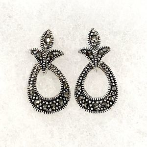 Fleur De Lis Style Marcasite Sterling Silver Drop Earrings